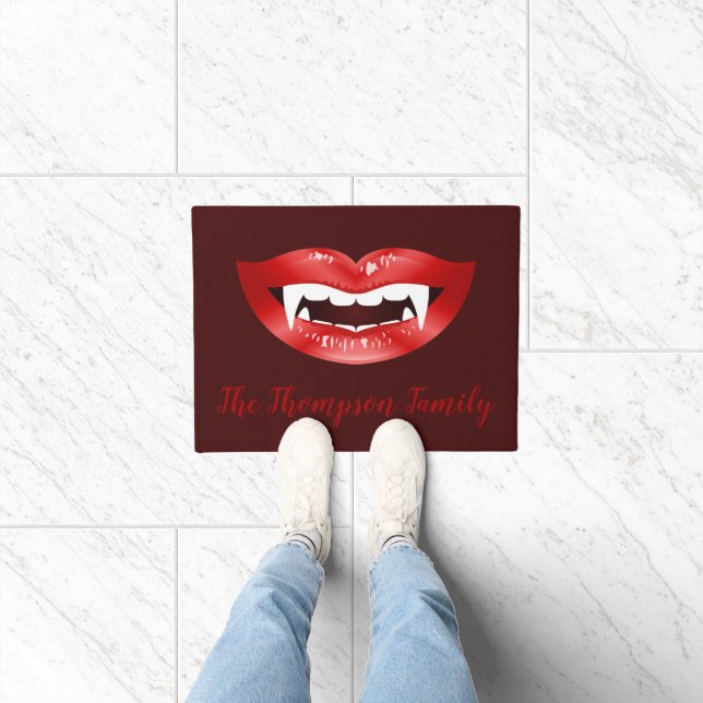 Red Vampire Mouth And Custom Family Name Text Doormat (Indoor)