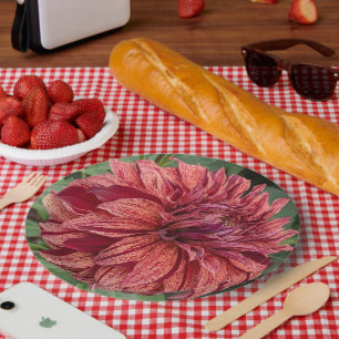 Red Variegated Dahlia Bloom Floral Paper Plate