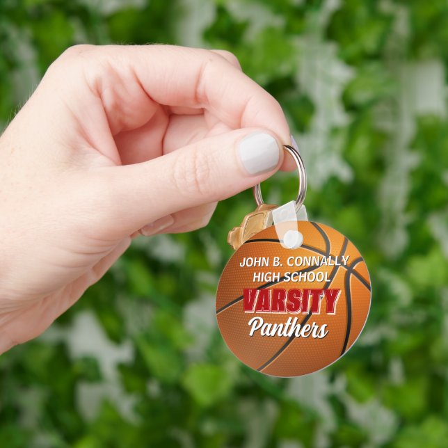 Red Varsity Basketball Custom High School Key Ring (Hand)