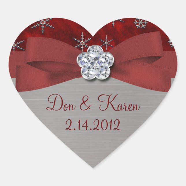 Red Velour & Silver Snowflakes Heart Sticker (Front)