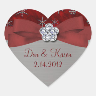 Red Velour & Silver Snowflakes Heart Sticker