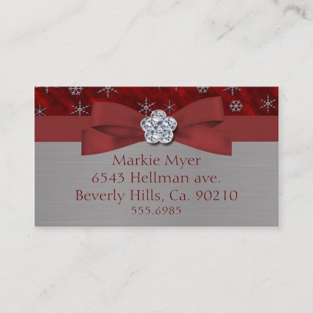 Red Velour & Silver Snowflakes Jewel Business Card (Front)