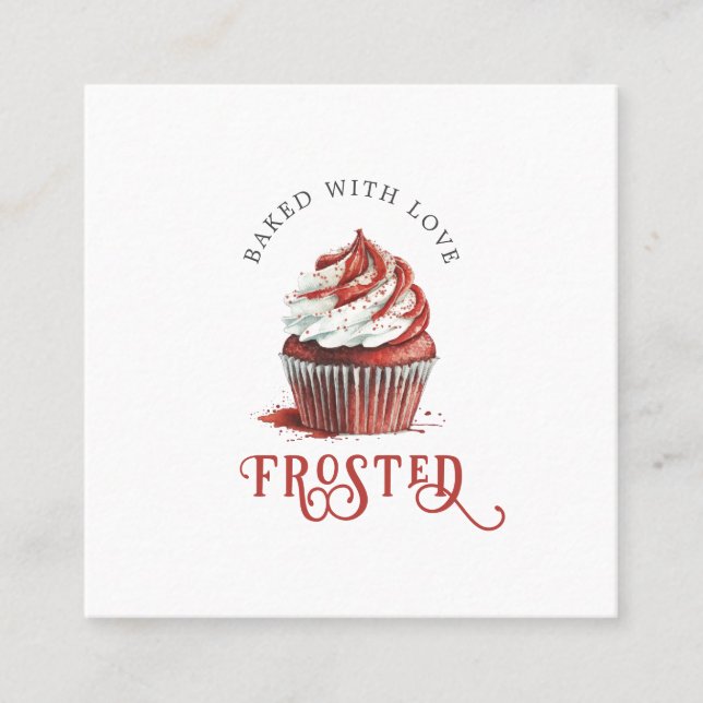 Red Velvet Baker Cupcake Logo Calligraphy Script  Square Business Card (Front)