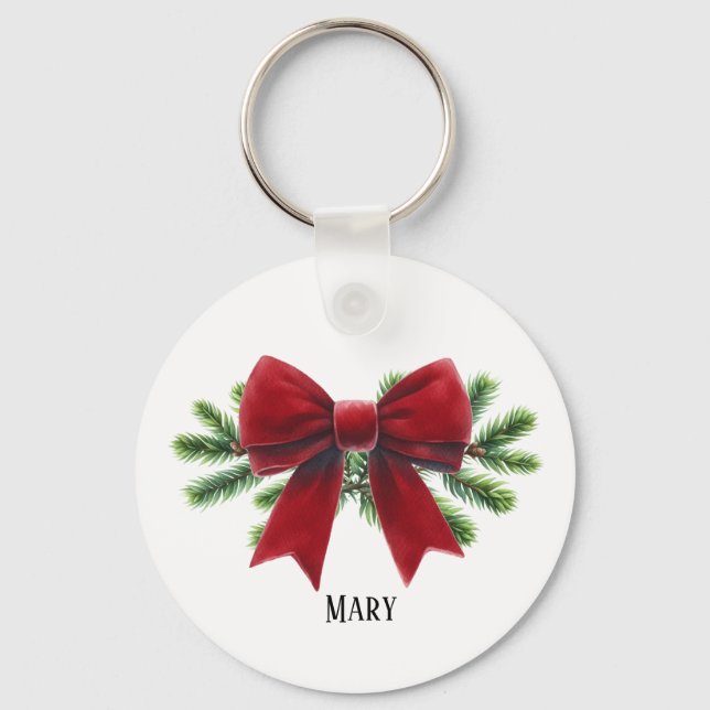 Red Velvet Bow Personalised Holiday Keychain (Front)