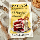 Red Velvet Cake Recipe Personalised Tea Towel<br><div class="desc">Add a sweet touch to your kitchen with this personalised red velvet cake recipe kitchen towel. Featuring a beautifully illustrated slice of red velvet cake with cream cheese frosting, this towel showcases the full recipe for a classic treat. Customise with your name or a special message, making it a perfect...</div>