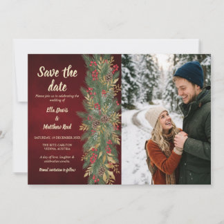 Red Velvet Christmas Botanical Couple Photo Save The Date