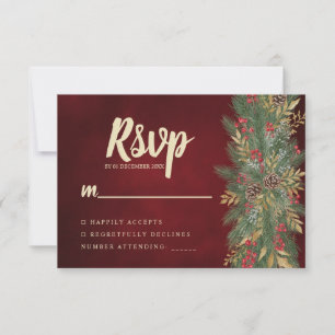 Red Velvet Christmas Botanical Wedding RSVP Card