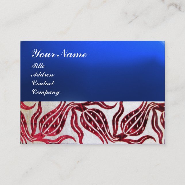 RED VELVET DAMASK TULIPS MONOGRAM Burgundy Blue Business Card (Front)