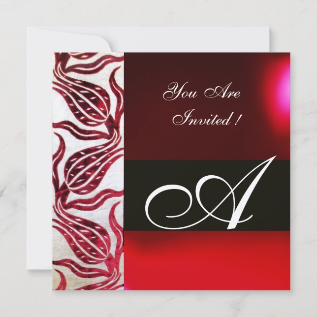 RED VELVET DAMASK TULIPS MONOGRAM Burgundy Gold Invitation (Front)