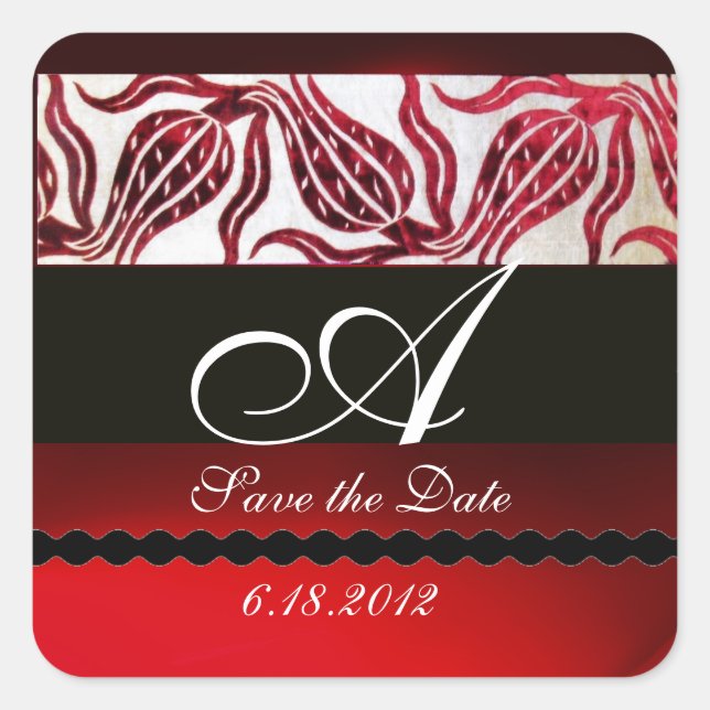 RED VELVET DAMASK TULIPS MONOGRAM Burgundy White Square Sticker (Front)