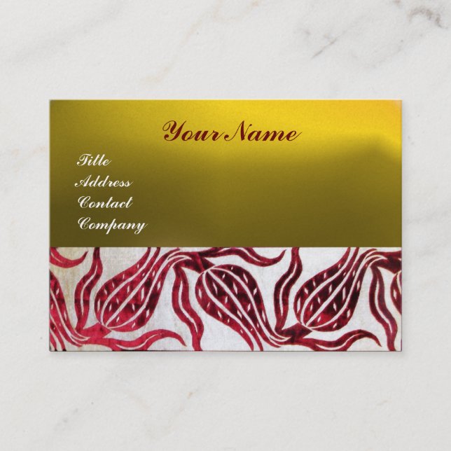 RED VELVET DAMASK TULIPS MONOGRAM Burgundy Yellow Business Card (Front)