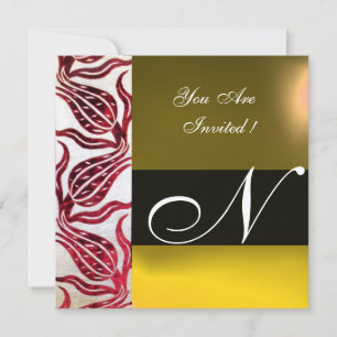 RED VELVET DAMASK TULIPS MONOGRAM Burgundy Yellow Invitation