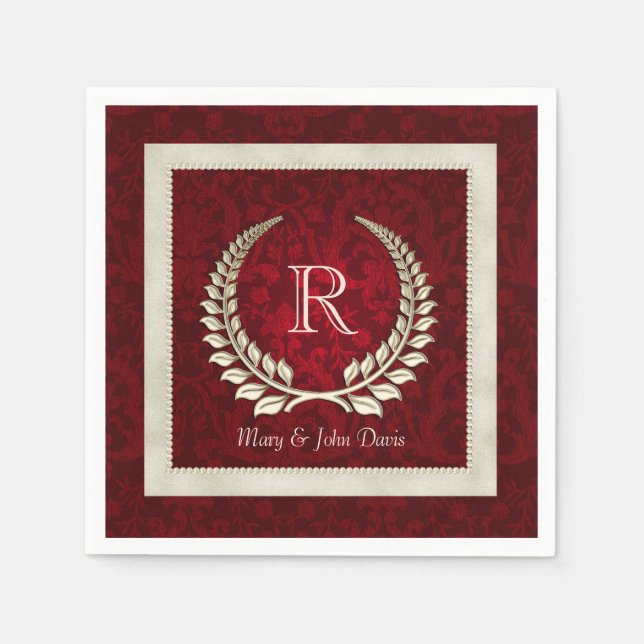 Red Velvet Damask With Pearl Frame Napkin (Front)