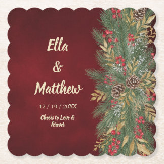 Red Velvet Elegant Christmas Botanical Wedding Paper Coaster