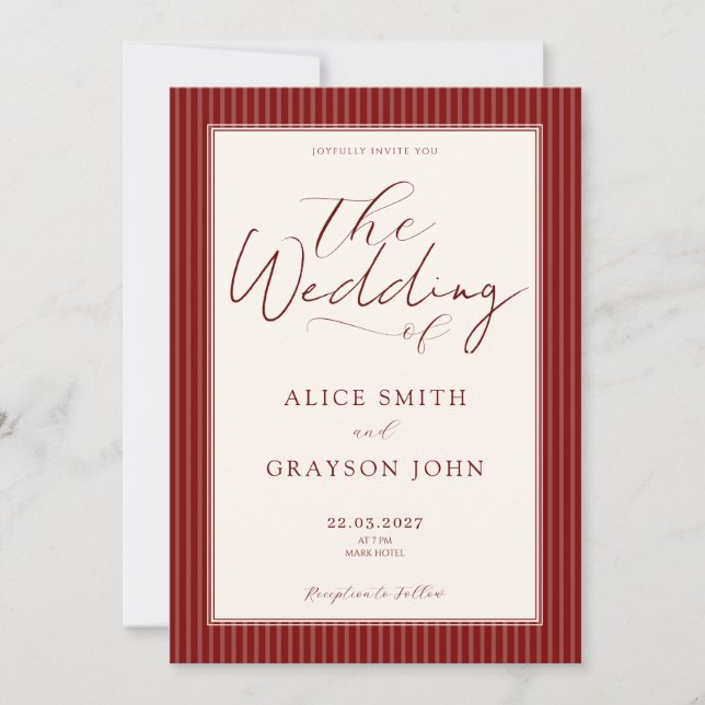 Red Velvet Script Classic Striped Wedding  Invitation (Front)
