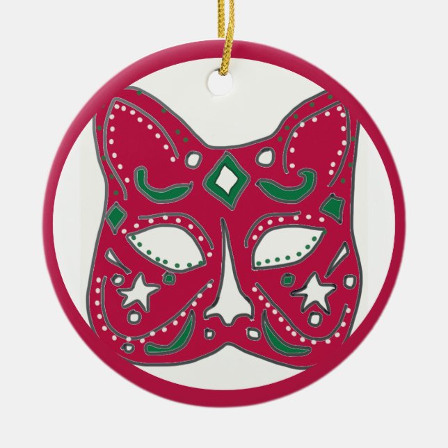 Red Venetian Cat Mask Design Ceramic Ornament (Front)