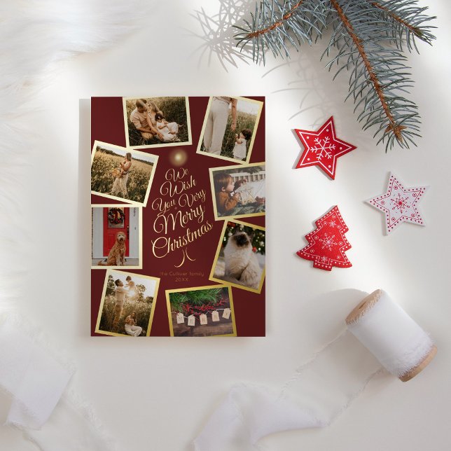 Red Very Merry Christmas Tree Photo Collage Foil Holiday Card (Creator Uploaded)
