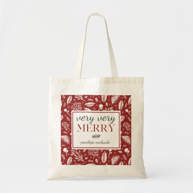 Red Very Merry with Botanical and Name Christmas Tote Bag (Front)