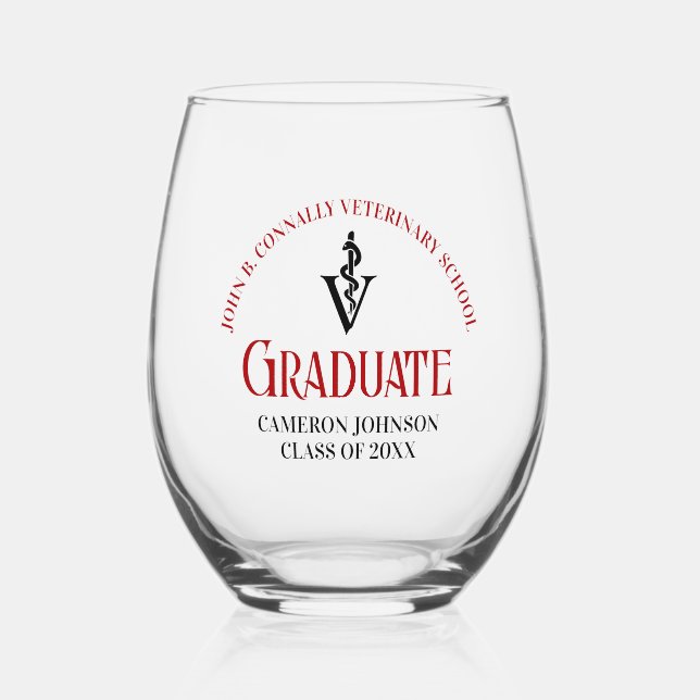 Red Veterinary School Graduation Custom Stemless Wine Glass (Front)