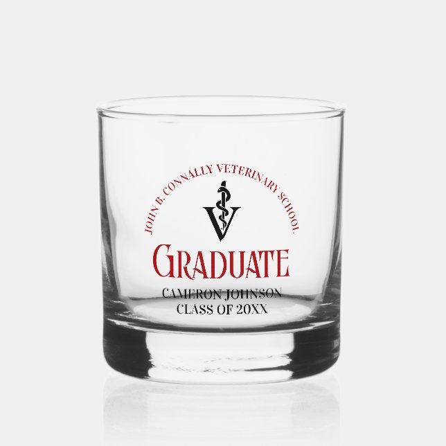 Red Veterinary School Graduation Custom Whiskey Glass (Front)