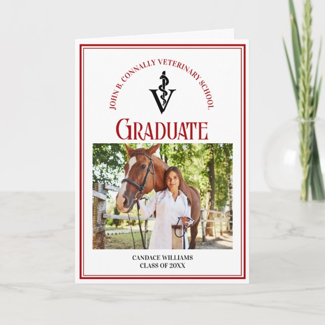 Red Veterinary School Photo Folded Graduation Announcement (Front)