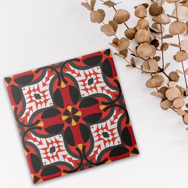Red Vibrant Ethnic Boho Geometric Mosaic Pattern Ceramic Tile (Creator Uploaded)