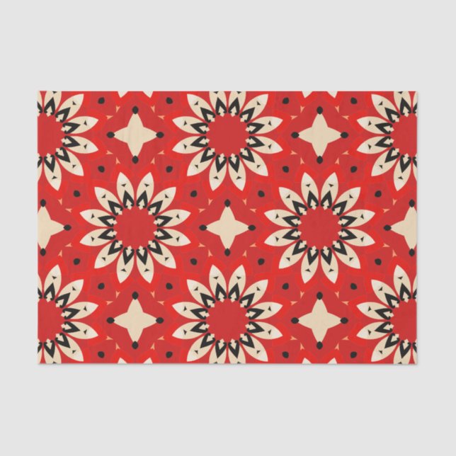 Red Vibrant Floral Ethnic Geometric Mosaic Pattern Tissue Paper (Front)