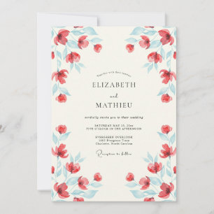 Red Vibrant Watercolor Botanical Wedding Invitation