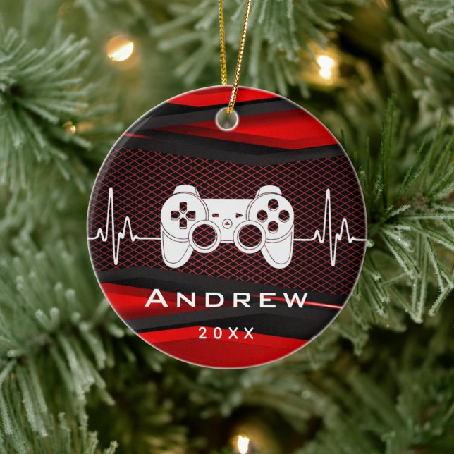 Red Video Game Controller Gamer Gaming Boys Name Ceramic Ornament (Tree)