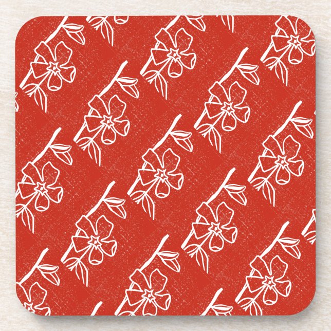 "Red Vinca Tiled Pattern" Floral Coaster Set (Front)