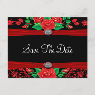 Red Vine Roses On Black Save The Date Announcement Postcard