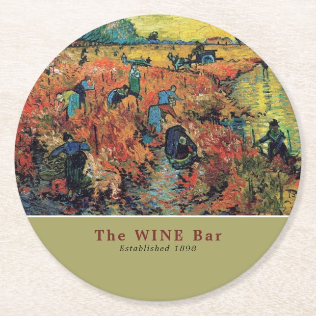 Red Vineyards, Van Gogh, Wine Bar/Winery Round Paper Coaster (Front)