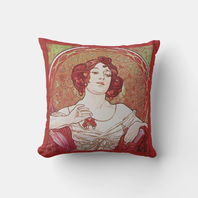 Red Vintage Art Nouveau Alphonse Mucha Ruby Lady Cushion (Front)