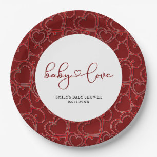 Red Vintage Baby Love Valentine's Day Baby Shower Paper Plate