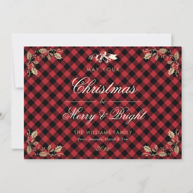Red Vintage Buffalo Plaid Photo Christmas Cards (Front)