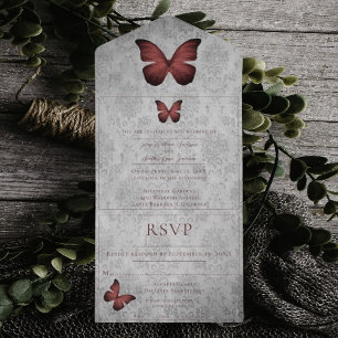 Red Vintage Butterfly Damask Wedding All In One Invitation