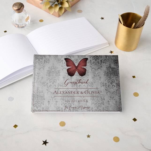 Red Vintage Butterfly Damask Wedding Guest Book (Front Open)