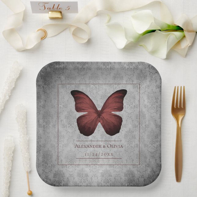 Red Vintage Butterfly Damask Wedding Paper Plate (Wedding)
