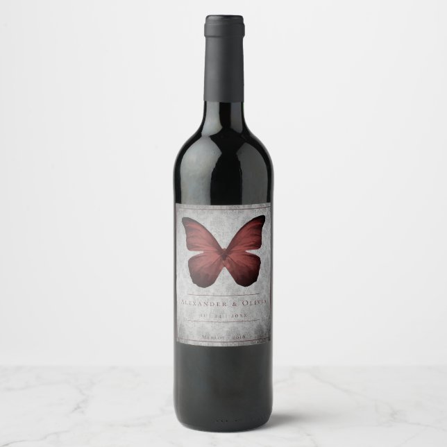 Red Vintage Butterfly Damask Wedding Wine Label (Front)