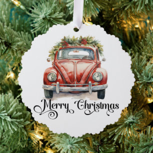 Red Vintage Car Christmas Tree Decoration Card