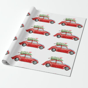 Red Vintage Car & Christmas Tree Watercolor Wrapping Paper