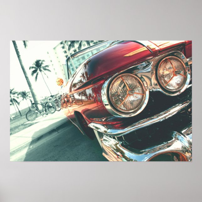 red vintage car on south beach poster (Front)