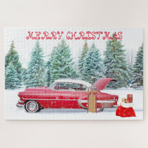Red Vintage Car, Pine Forest, Gifts, Christmas Jigsaw Puzzle