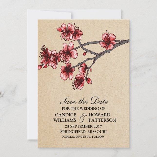 Red Vintage Cherry Blossoms Save the Date Invite (Front)