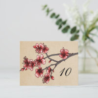 Red Vintage Cherry Blossoms Table Number Postcard
