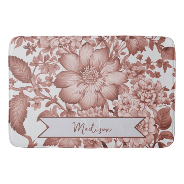 Red Vintage Chinoiserie Floral Personalised Bath Mat (Front)