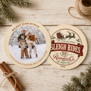 Red Vintage Christmas Santa Sleigh Rides Photo Holiday Card