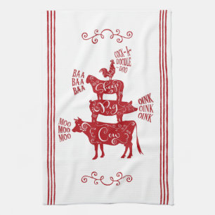 Red Vintage Country Farmhouse Stacked Farm Animal Tea Towel