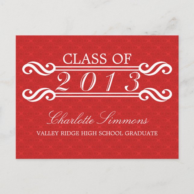 Red Vintage Damask 2013 Grad Party Postcard (Front)