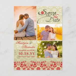 Red Vintage Damask Lace Photo Save The Date Announcement Postcard